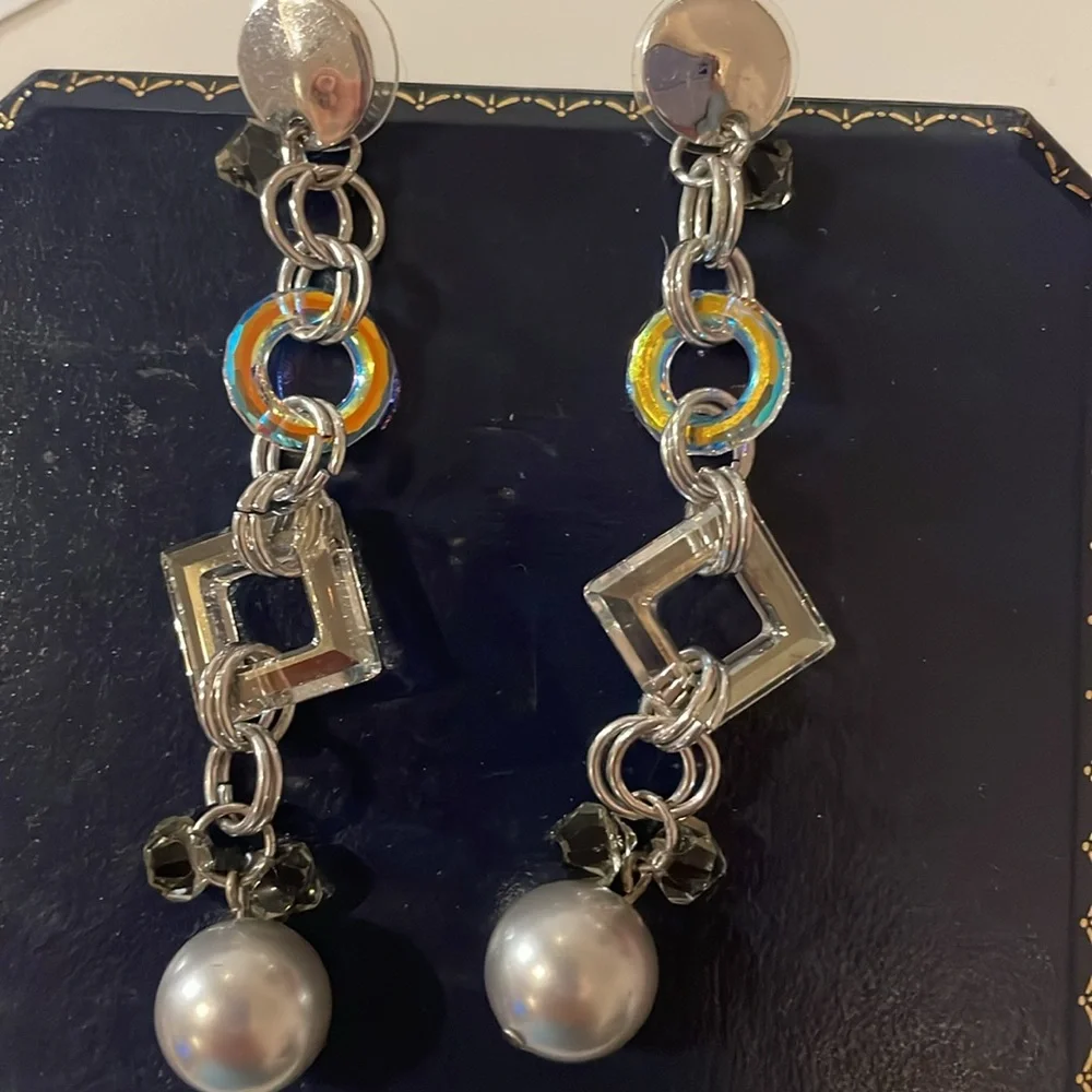 Elegant Silver and Iridescent Crystal Dangle Earrings - Picture 3 of 3